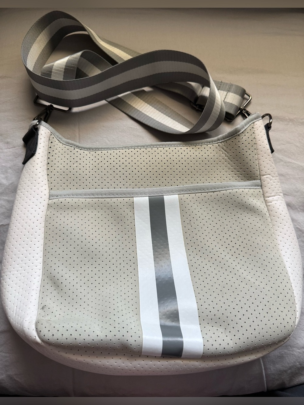 HAUTE SHORE Beige and Gray Crossbody Tote with Striped Strap